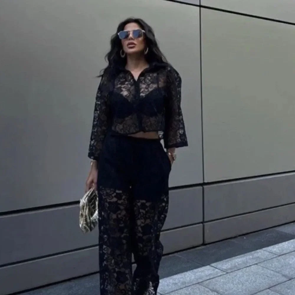 Zara Sheer Lace Black Crop Top Size XS